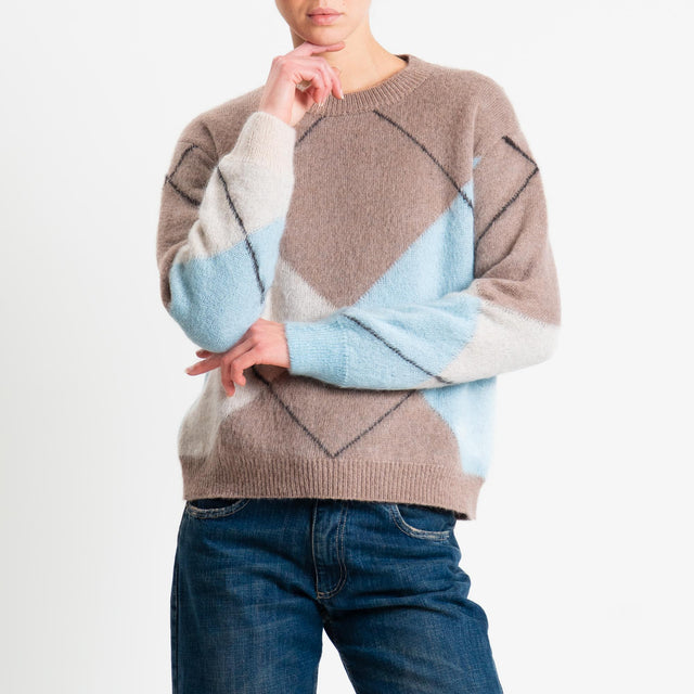 Motel-Maglia rombi misto alpaca - tabacco/azzurro/burro