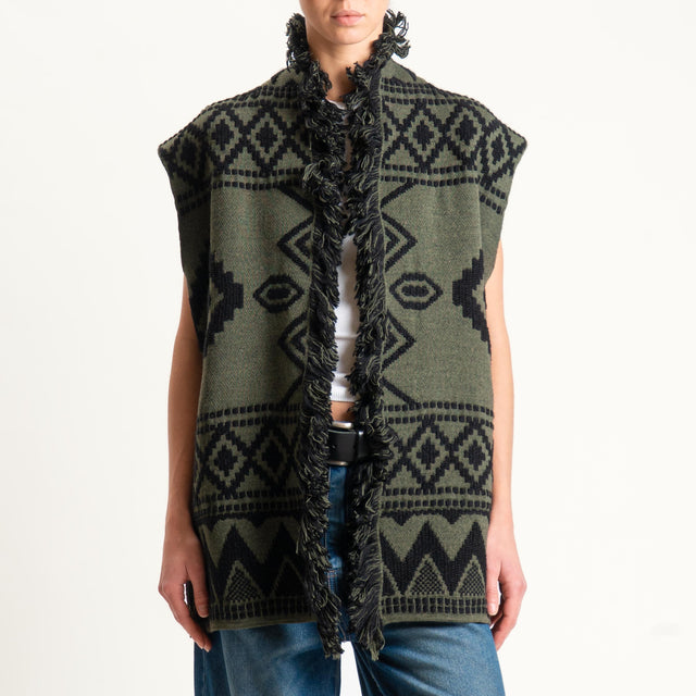 Motel- Gilet jacquard con frange - green/black