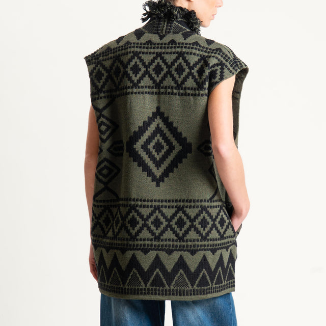 Motel- Gilet jacquard con frange - green/black