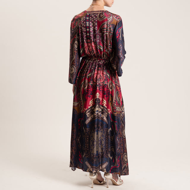 Dixie-Abito satin fantasia con cintura - india/blu/beige
