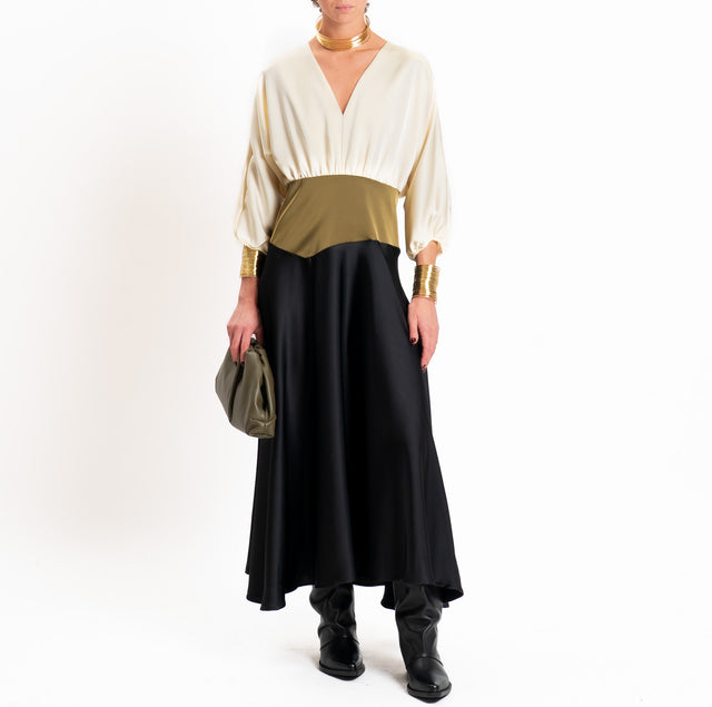 Dixie-Abito in satin scollo v - burro/militare/nero