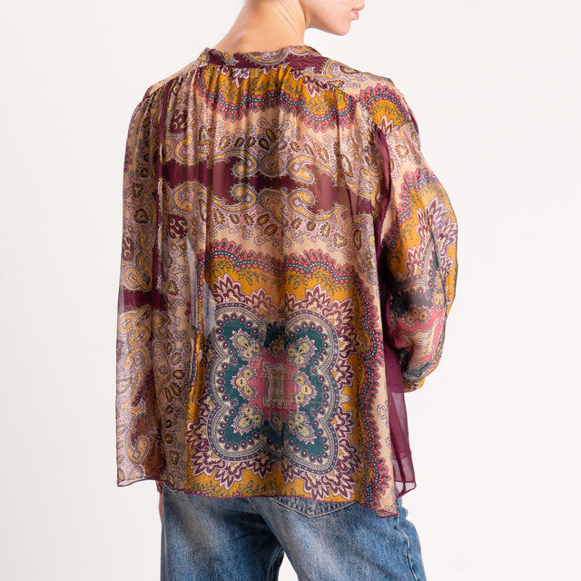 Dixie-Blusa misto seta fantasia con rouches - beige/vino/verde