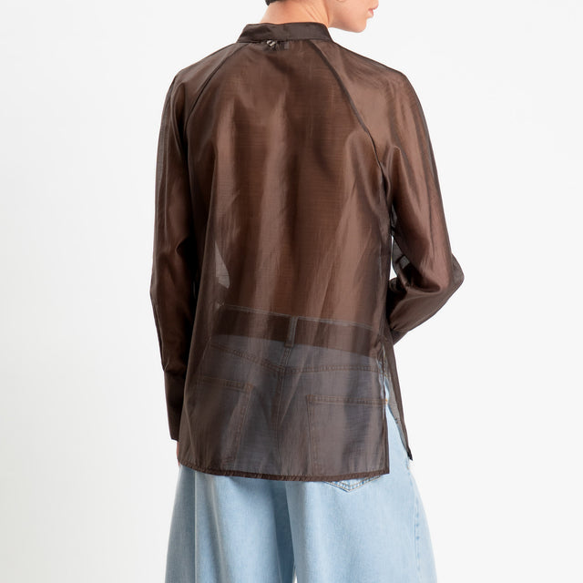 Dixie-Camicia mandarin in mussola spacchi laterali - moro