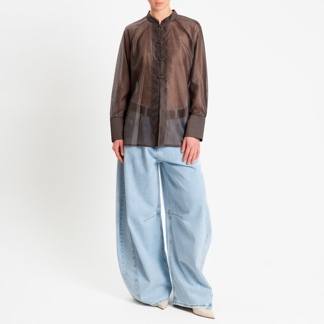 Dixie-Camicia mandarin in mussola spacchi laterali - moro