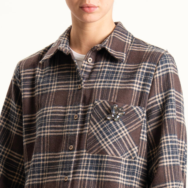 Dixie-Camicia check in flanella con spilla - moro/beige