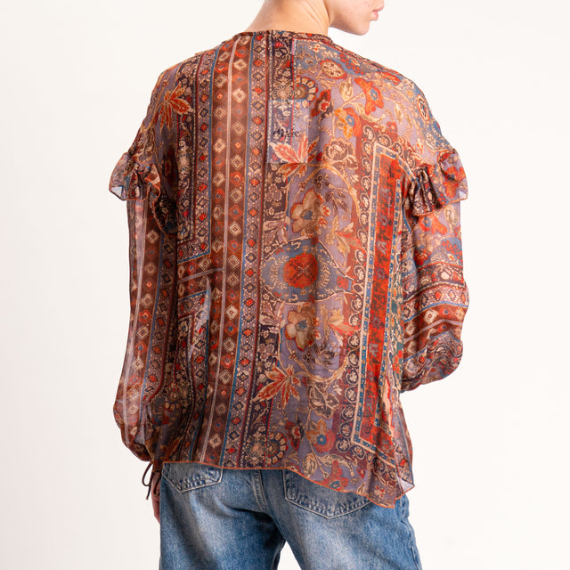 Dixie-Blusa georgette fantasia con rouches - ruggine/moro/ottanio