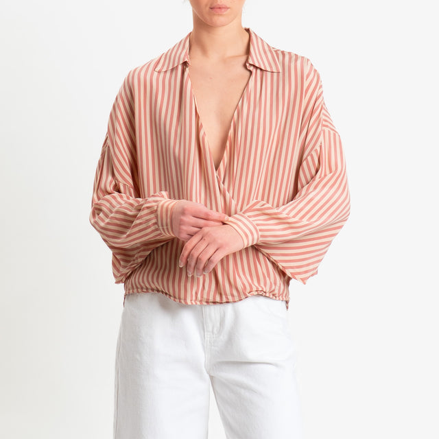 Dixie-Camicia scollo a v a righe allacciatura incrociata - rosa/beige