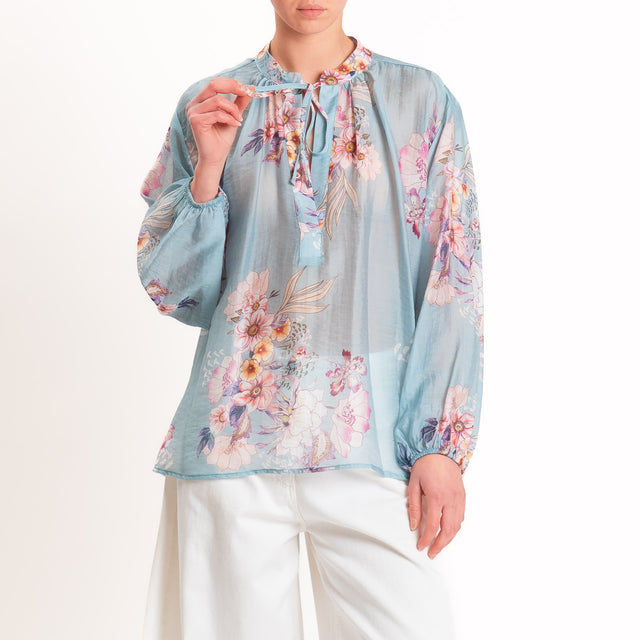 Dixie-Blusa mussola lyocell fantasia floreale - celeste/latte/magenta