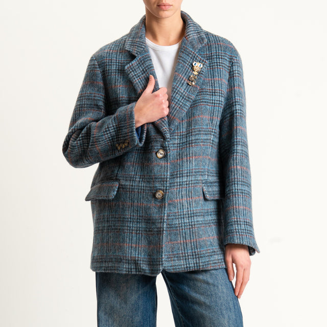Dixie-Giacca check oversize in velour con spille - blu/azzurro/peach