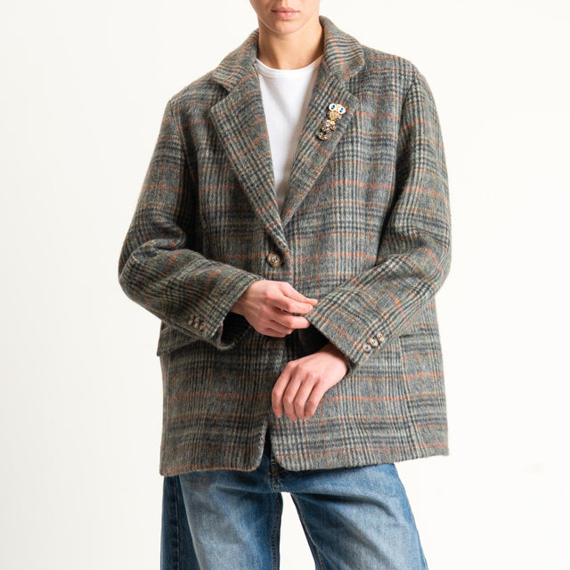 Dixie-Giacca check oversize in velour con spille - militare/cuoio/peach