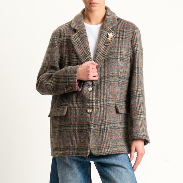 Dixie-Giacca check oversize in velour con spille - moro/sand/pink