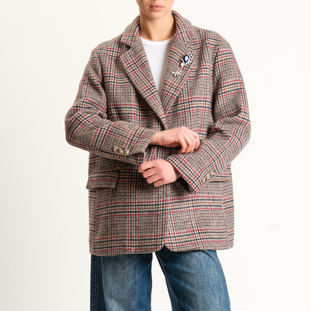Dixie-Giacca oversize fantasia con spille - beige/rosso/nero