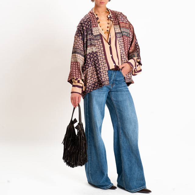 Dixie-Kimono fantasia optical fodera ciniglia - vino/viola/rosa