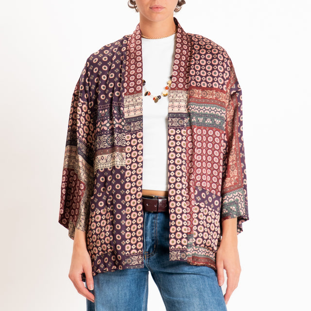 Dixie-Kimono fantasia optical fodera ciniglia - vino/viola/rosa