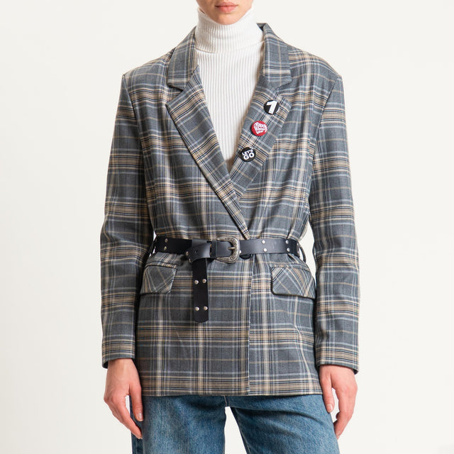Dixie-Giacca check doppiopetto con cintura e spille - grigio/nero
