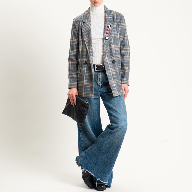 Dixie-Giacca check doppiopetto con cintura e spille - grigio/nero