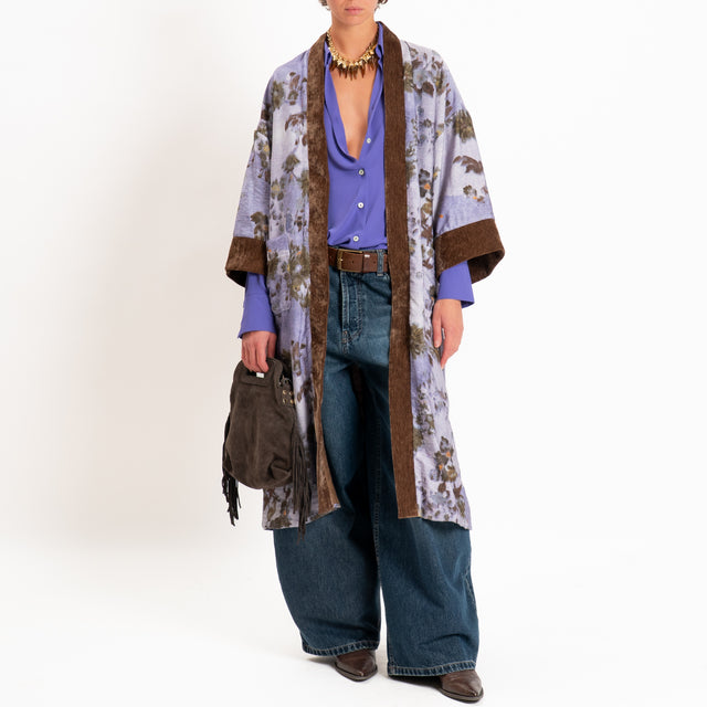Dixie-Kimono lungo fantasia floreale - celeste/moro