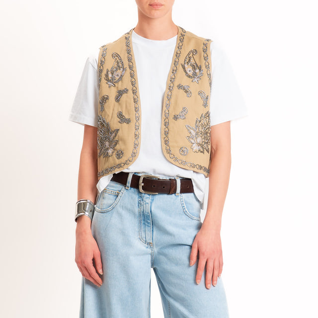 Dixie-Gilet ricamato con strass - beige