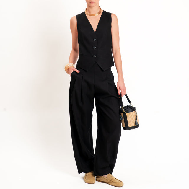 Dixie-Completo Gilet e pantalone misto lino - nero