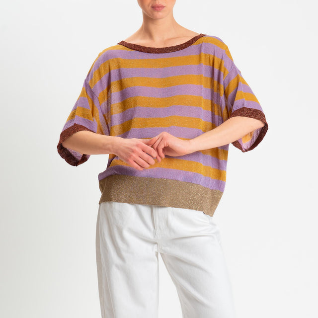 Dixie- Maglia mezza manica in lurex a righe - lilla/ocra/bronzo