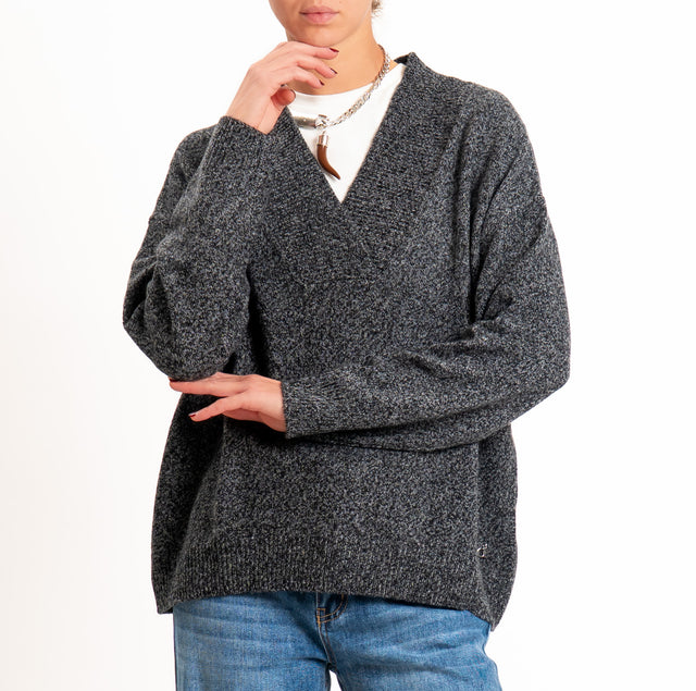 Dixie-Maglia 100% LANA scollo a v - grigio/nero