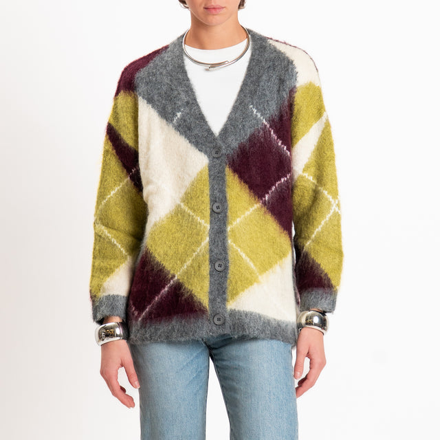 Dixie-Cardigan mohair a rombi - olio/vino/grigio