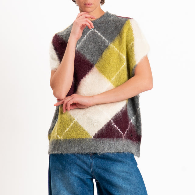 Dixie-Gilet mohair rombi - olio/vino/grigio