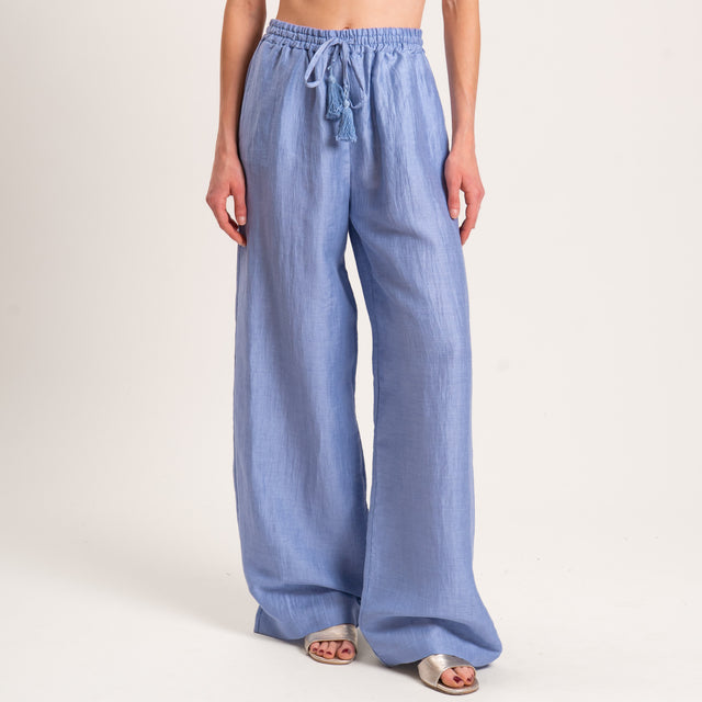 Dixie-Pantalone misto lino elastico in vita - Celeste