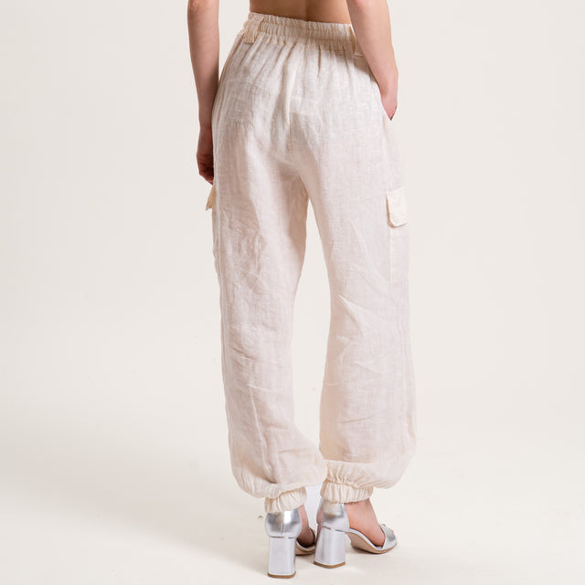 Dixie-Pantalone cargo in lino elastico in vita - burro