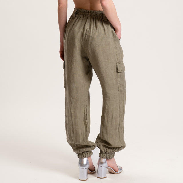 Dixie-Pantalone cargo in lino elastico in vita - militare