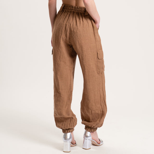 Dixie-Pantalone cargo in lino elastico in vita - tabacco