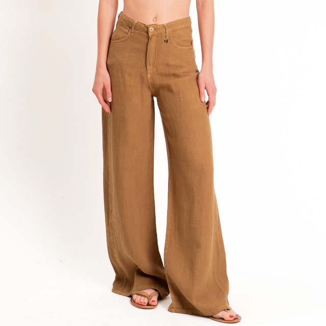 Dixie-Pantalone wide leg 100% LINO - cuoio