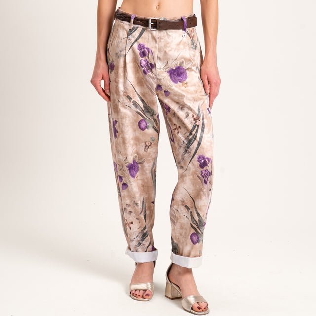 Dixie-Pantalone fantasia floreale cotone elasticizzato - beige/viola/salvia