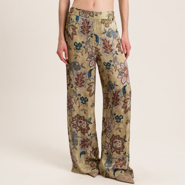 Dixie-Pantalone satin fantasia floreale - salvia/cioccolato/polvere