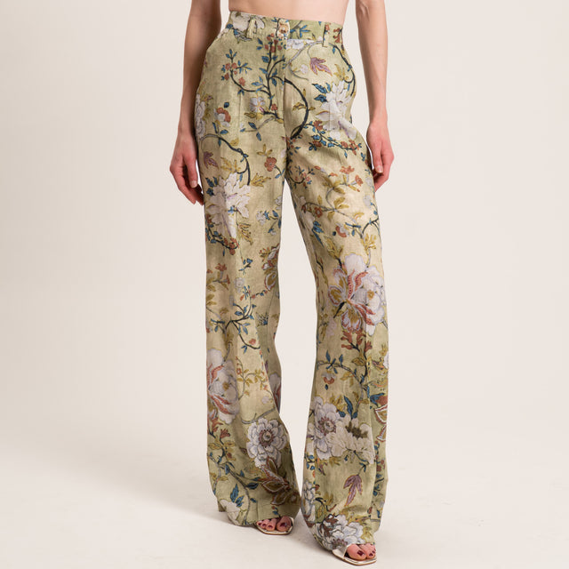 Dixie-Pantalone fantasia floreale misto lino - salvia/blu/cuoio