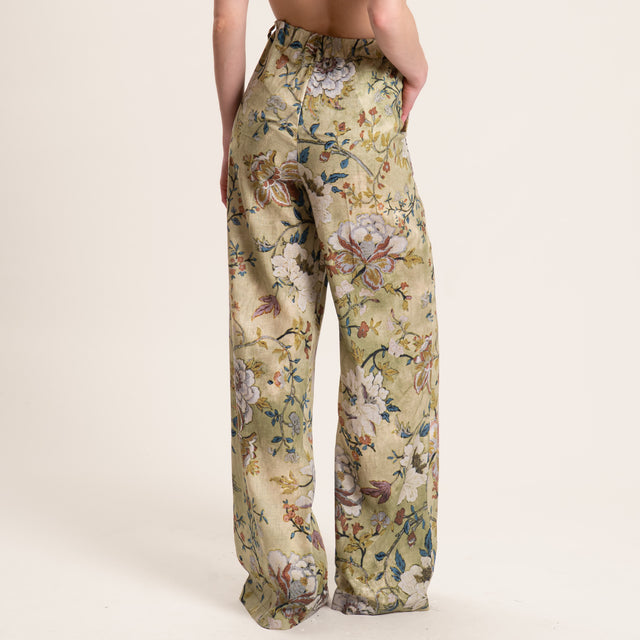 Dixie-Pantalone fantasia floreale misto lino - salvia/blu/cuoio