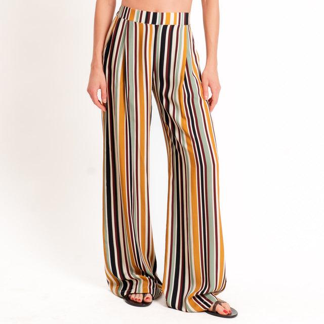 Dixie-Pantalone righe elastico dietro - senape/burro/vino