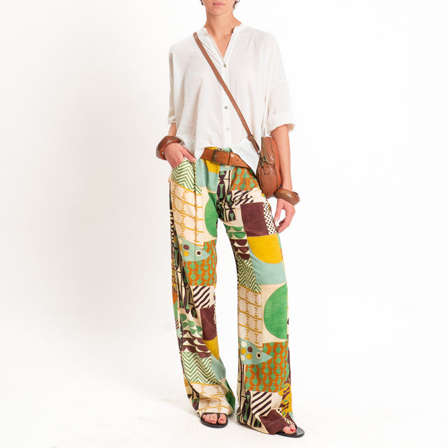 Dixie-Pantalone fantasia etnica elastico dietro - olio/senape/verde