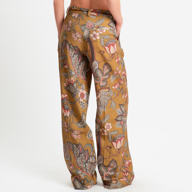 Dixie-Pantalone fantasia misto lino con pinces - olio/moro/india