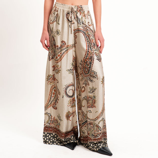 Dixie-Pantalone wide leg fantasia con coulisse - sand/nero/coccio