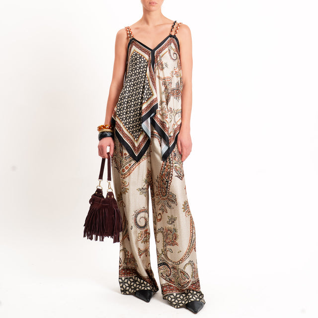 Dixie-Pantalone wide leg fantasia con coulisse - sand/nero/coccio