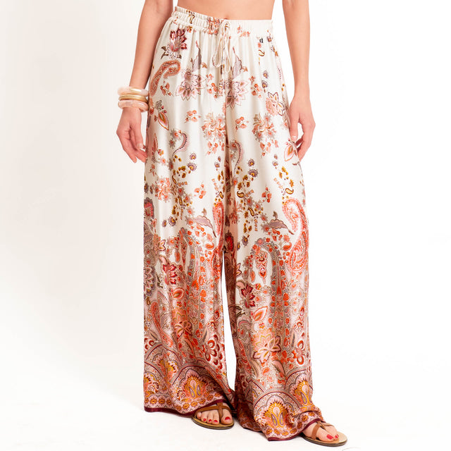 Dixie-Pantalone fantasia floreale con coulisse - vino/burro/corallo
