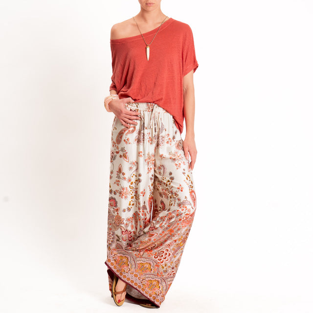 Dixie-Pantalone fantasia floreale con coulisse - vino/burro/corallo