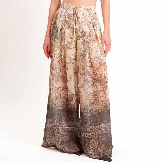 Dixie-Pantalone mussola fantasia elastico dietro - burro/choco/lilla