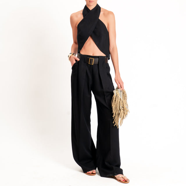 Dixie-Completo top incrociato+pantalone misto lino - Nero