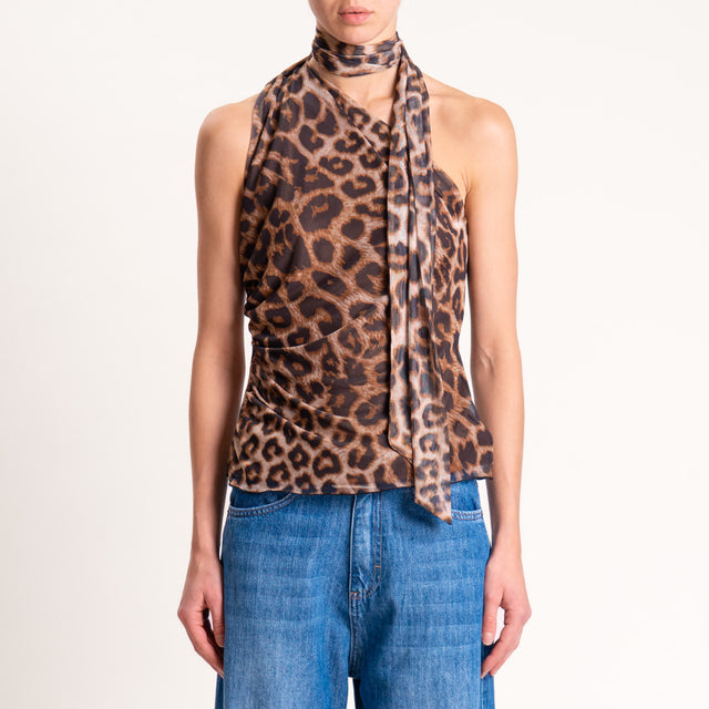 Dixie-Top in tulle monospalla animalier - beige/moro