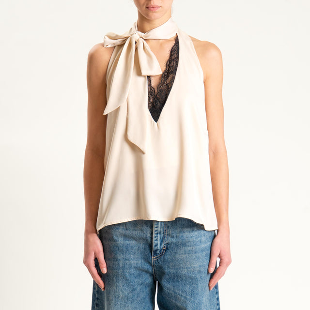 Dixie- Top satin scollo dietro con pizzo - panna