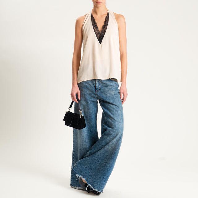 Dixie- Top satin scollo dietro con pizzo - panna