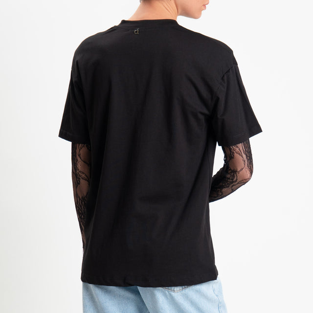 Dixie-T-shirt spalline maniche in pizzo - nero/nero