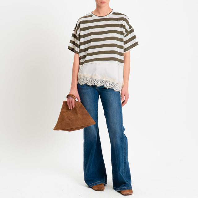 Dixie-T-shirt righe asimmetrico con pizzo - burro/muschio
